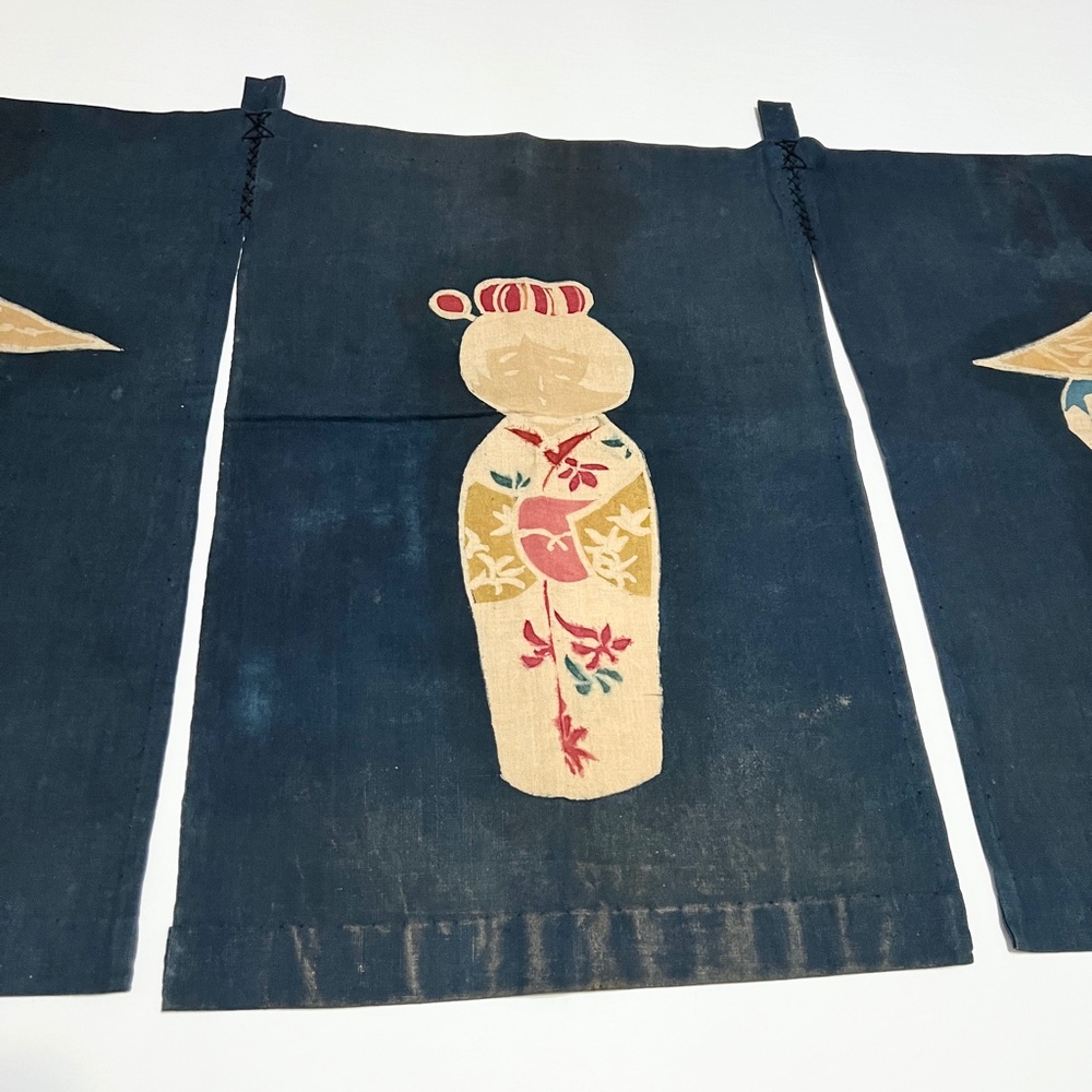 Vintage Noren Japanese Door Curtain Figures Dolls Navy Blue Traditional Textile - Picture 4 of 8